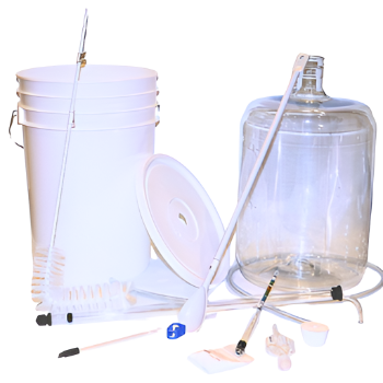 white bucket, clear carboy, and accessories for starter kit
